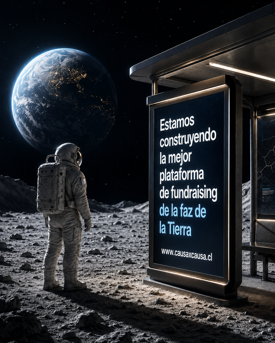 Astronauta mirando la Tierra desde la Luna, junto a un letrero de Causa x Causa